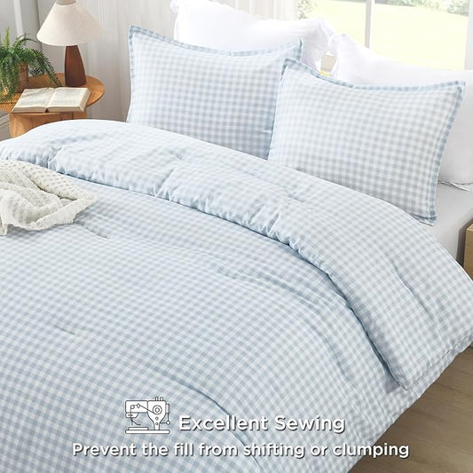 Andency Blue Checkered Comforter King(104x90Inch), Plaid Gingham Buffalo Grid Bedding Comforter Sets for Boys Kids Teens, 3 Pieces Lightweight Polyester Geometric Preppy Bed Set