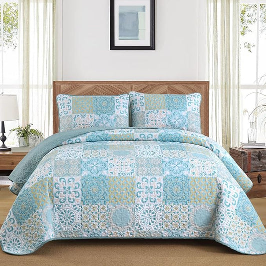 Dobuyly Patchwork Quilt Set Queen Size, Aqua Blue Boho Summer Bedspreads Coverlet Set, 3 Pieces Soft Lightweight Microfiber Quilt Bedding Set for All Seasons 96"x90"