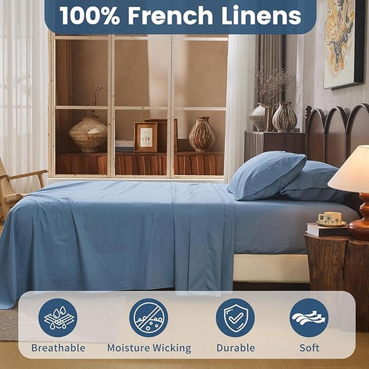 100% Linen Sheets California King Size,Breathable & Durable 4-Piece Bed Flax Sheet Set,Soft All-Season Bedding for Hot Sleepers 16" Deep Pocket Oeko-TEX Certified,(Cal King, Dusty Blue)