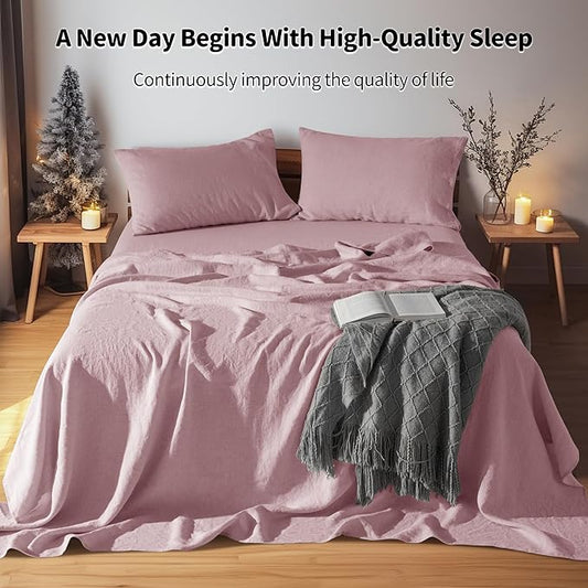 LBRO2M 100% Pure Linen Sheet Set Deep Pocket Up to 16" Bed Sheets Sets, Natural Flax Beddings Soft, Breathable, Comfortable for All Seasons 4 Pcs Sheet Set Queen Size, Embroidery Purple