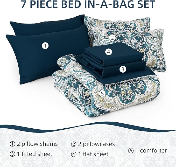 Drucon Boho Comforter Set Queen Size, 7 Pieces Bed in a Bag Paisley Comforter, Soft Lightweight Microfiber Bedding Set (1 Comforter, 1 Flat Sheet, 1 Fitted Sheet, 2 Pillow Shams, 2 Pillowcases)