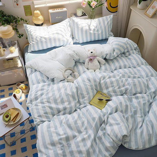 EAVD Retro Blue Striped Duvet Cover King Soft Washed Microfiber Reversible Vertical Striped Percale Bedding Set with 2 Pillowcases Farmhouse Geometric Duvet Cover with Zipper Closure