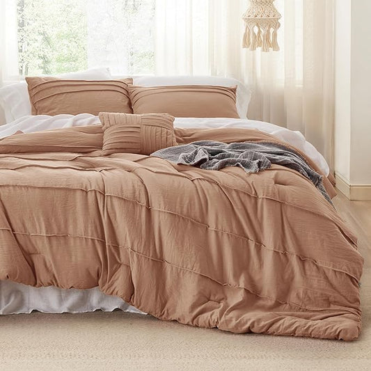 Bedsure Queen Comforter Set - 4 Pieces Pinch Pleat Bed Set, Taupe Boho Bedding for All Season, 1 Soft Comforter, 2 Pillowcases, 1 Decorative Pillow