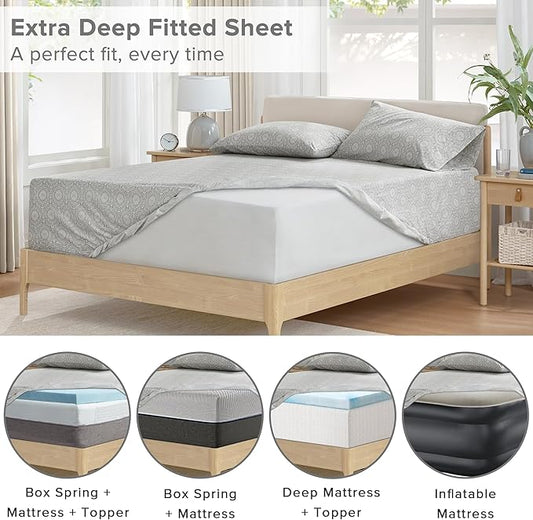 Comfort Spaces Extra Deep Pocket, 100% Cotton King Fits up to 24" Mattress, Breathable, Naturally Cool, Soft, All Seasons Sheet Set, Adelia Grey 4 Piece
