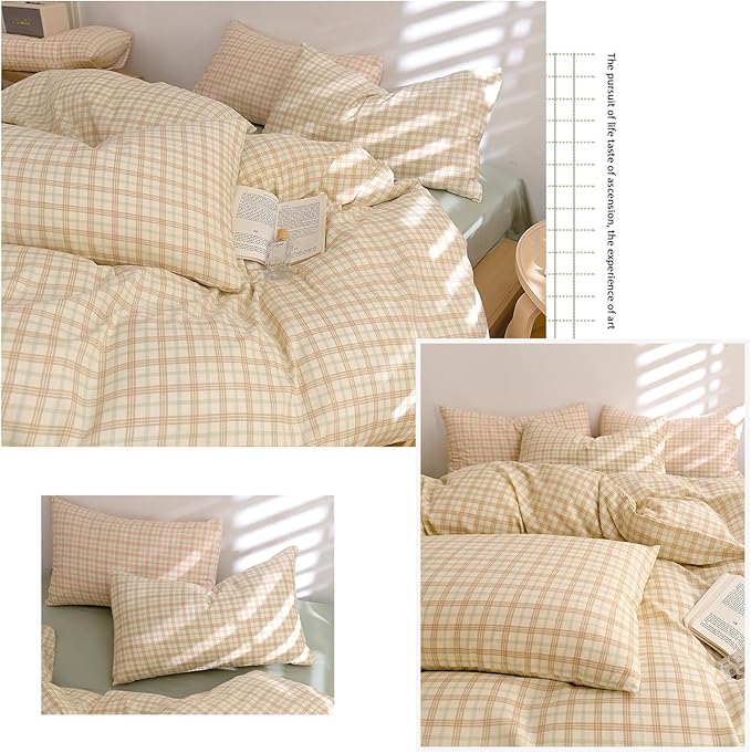 EAVD Vintage Style Brown&Green Grid Plaid Duvet Cover Twin Soft 100% Washed Cotton Chic Checkered Gingham Bedding Set with 2 Pillowcases Farmhouse Gingham Duvet Cover with Zipper Closure