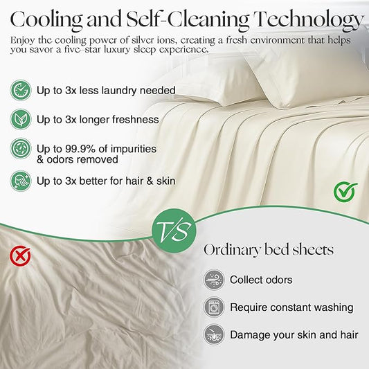 Silver Infused Bed Sheets Set, Temperature-Regulating Fabric with Self-Cleaning Technology for 3X Freshness Sleep (OffWhite, Caking)