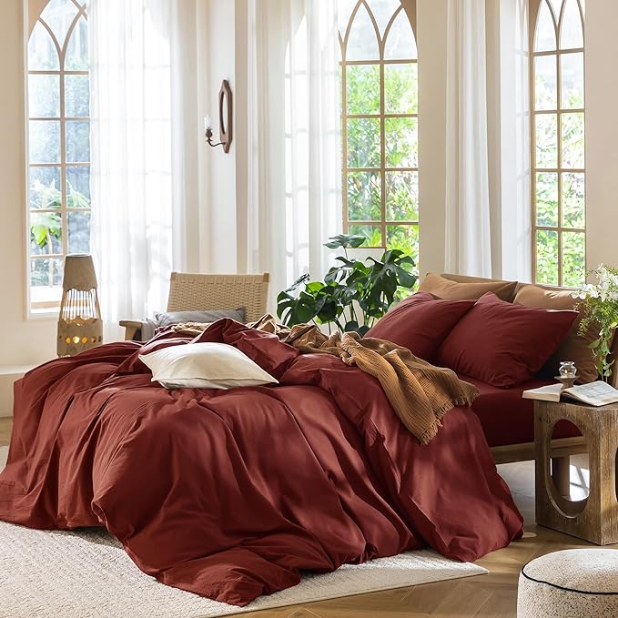 MooMee Bedding Pillowcases Pack of 2 100% Washed Cotton Linen Like Textured Breathable Durable Soft Comfy (Solid Fired Brick Red, Queen)
