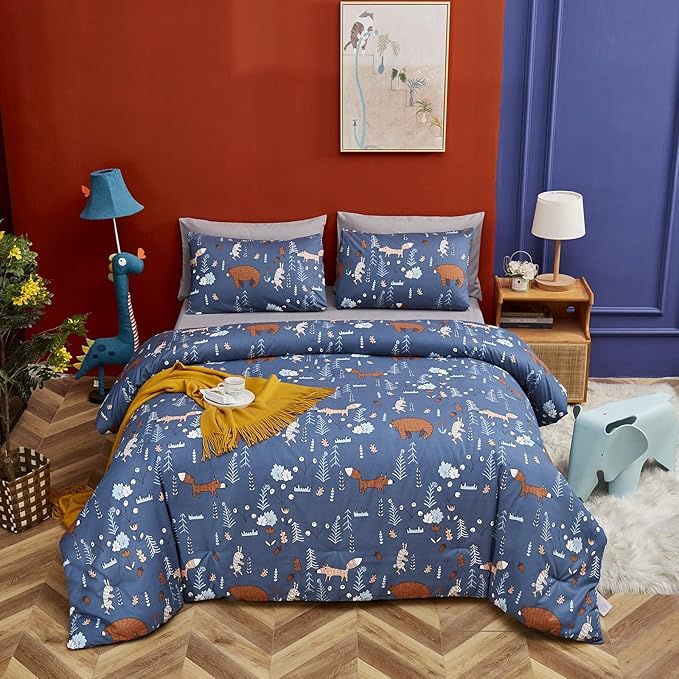 CLOTHKNOW Kids Comforter Set Twin Blue Animal Woodland Bedding Sets Cartoon Forest Fox Rabbit Comforter with 2 x Pillow Cases