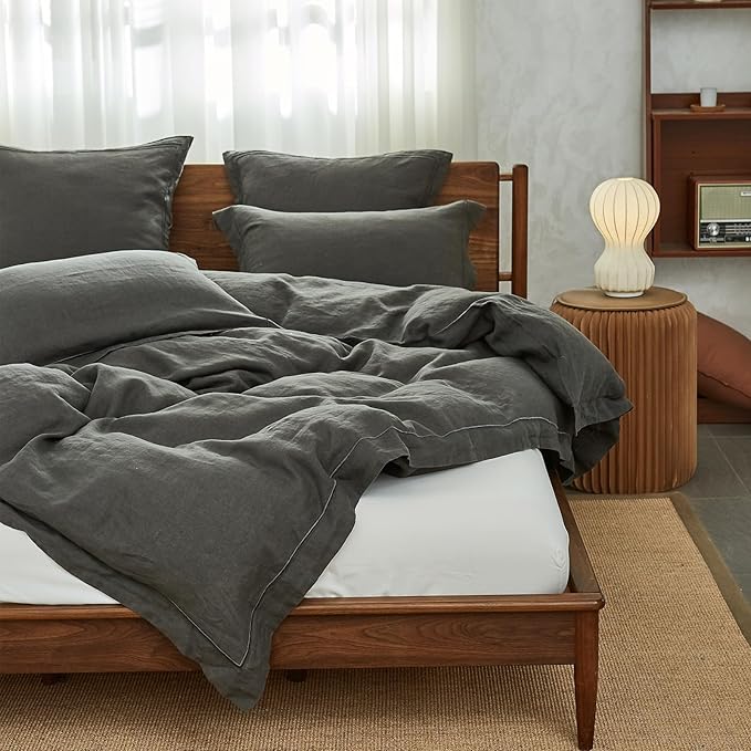 Simple&Opulence 100% Washed Linen Duvet Cover with Embroidered, 3 Pieces Soft Farmhouse Comforter Set with Button Closure,1 Duvet Cover and 2 Pillowshams(Full,Charcoal Grey)