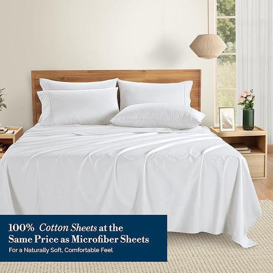 Casa Platino Queen Sheets Set –100% Cotton Queen Sheets with 4 Pillowcases, Lightweight Feel & Secure Fit, Crisp & Breathable Percale Weave with 15" Deep Pocket, Soft and Cozy – Pure White