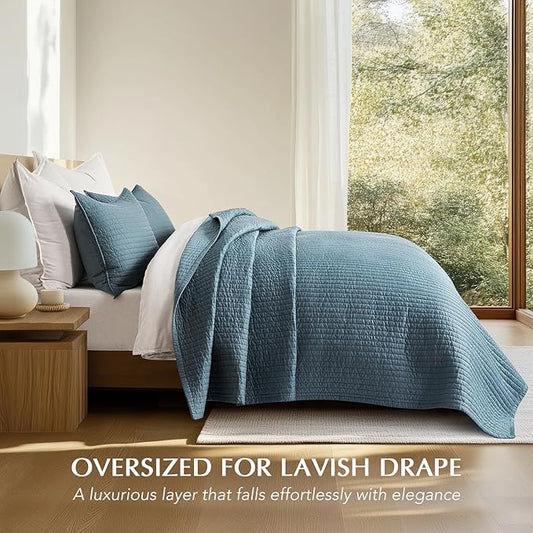 EVERGRACEHOME Cotton Sateen Quilt Set King Size, Pre-Washed Cotton Channel Stitch Coverlet Bedspread, 3 Pieces Lightweight Soft Bedding Sets for All Season, with 2 Pillow Shams, Sonoma Blue