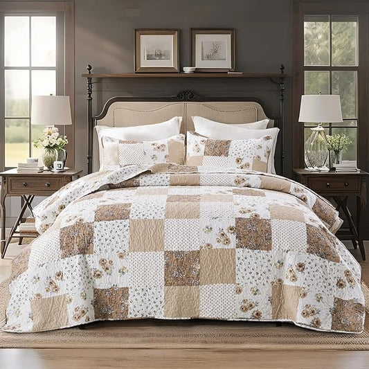 VIVILINEN Full Queen Size Brown Floral Plaid Patchwork Quilt Set Reversible Quilted Bedspread Coverlet Set 3-Piece Comforter Bedding Set Bed Cover with 2 Pillow Shams