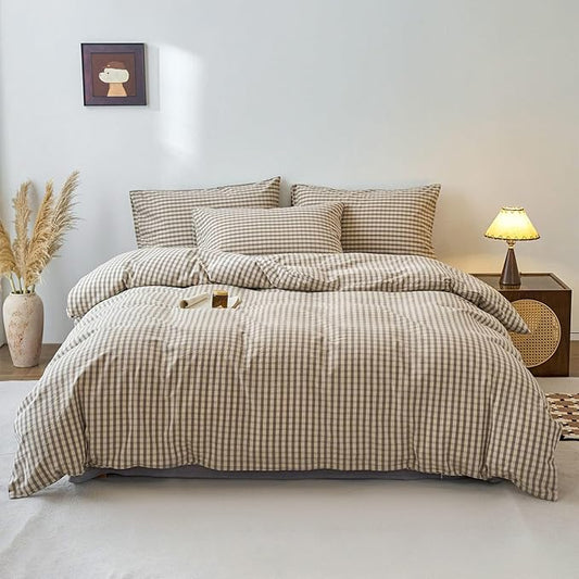 Gingham Duvet Cover Twin Grey Washed Cotton Comforter Cover Twin Size Checkered Boho Patterned Vintage Duvet Cover Set with Hidden Zipper Plaid Teen Bedding Set Cute Duvet Protector