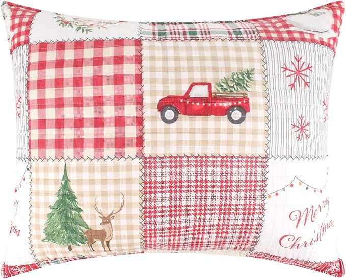 Levtex Home - Home for Christmas Quilt Set - Twin/Twin XL Holiday Quilt 68x86 and One Standard Pillow Sham 20x26 - Green, Red, Taupe and Cream - Reversible - Cotton/Polyester