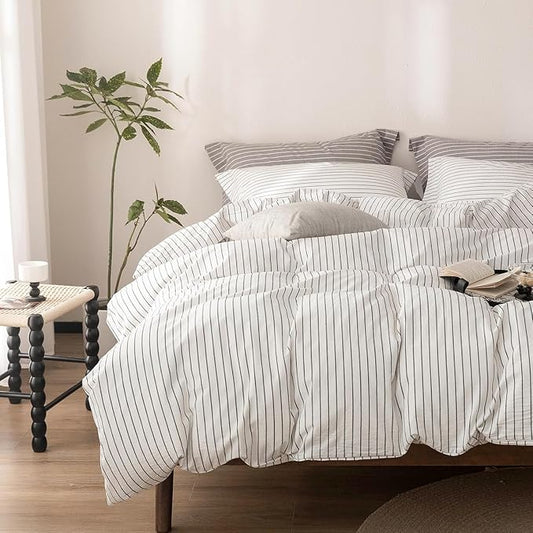 Stripe Duvet Cover Super King Size 108inch x 98inch, 100% Washed Cotton Linen Feel Duvet Cover with Zipper Closure and 2 Pillowcases, Color of White-Dark Grey Stripe