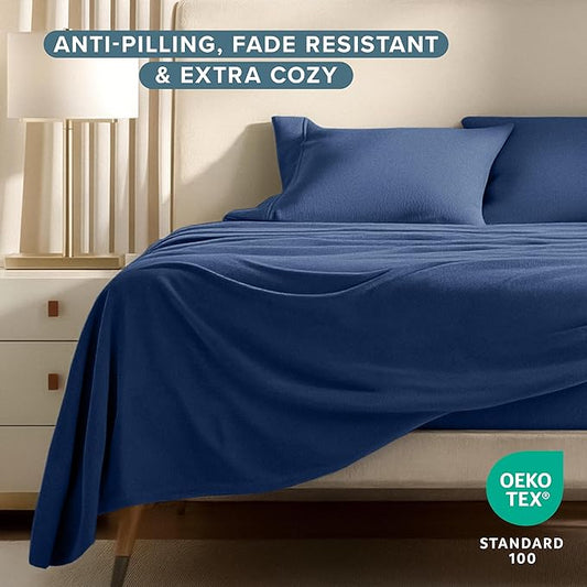 Bare Home Super Soft Fleece Sheet Set - Twin Extra Long Size - Extra Plush Polar Fleece, No-Pilling Bed Sheets - All Season Cozy Warmth (Twin XL, Dark Blue)