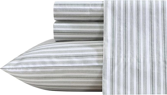 Nautica - King Bed Sheets, Lightweight Cotton Percale Bedding Set with Matching Pillowcases, Crisp & Cool, Oeko-Tex Certified (Coleridge Stripe Green)