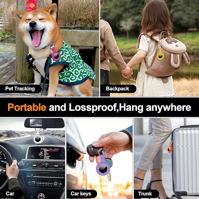 1|2|4Pack for Apple AirTag Holder with Keychain for Air Tag 2nd/1st Gen | Waterproof Air Tag Cover GPS Tracker Anti-Scratch Silicone Air-Tag Case for Pets,Kids,Luggages-Red+Pink+Purple+Brown