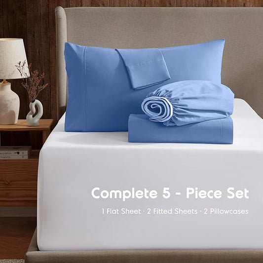 Nestl Split King Sheet Set - 1800 Ultra-Soft Microfiber Bed Sheets - Double Brushed - Deep Pockets - Easy Fit - 5 Piece Set - Bed Sheets & Pillowcases (Split King, Calm Blue)