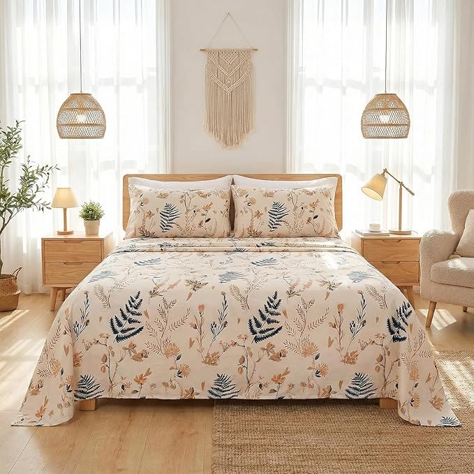 JSD Boho Floral Printed Sheet Set Queen Size 4 Piece, Soft Botanical Pattern Microfiber Sheets Extra Deep Pocket