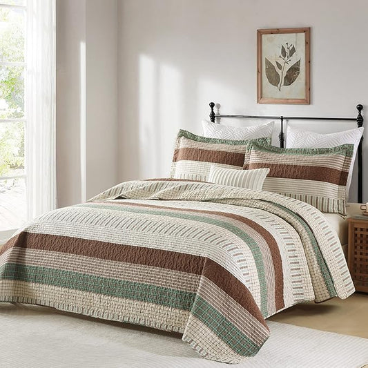 PANGUSHAN 100% Cotton Quilt Set King Size, Patchwork King Quilt Bedding Set Bedspreads, Farmhouse Lightweight Comforter Reversible Quilt, Green/Brown/Beige Bed Spread for All Season, 3 Pieces