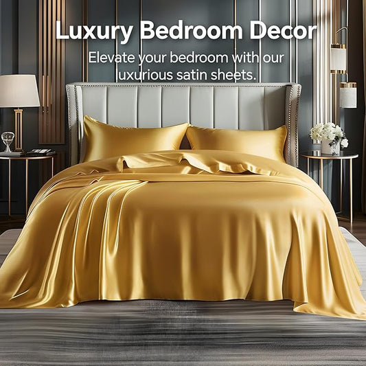 BEDELITE Satin Sheets Twin Size Bed Set, Luxury Soft Gold Silky Sheets for Hair and Skin, Similar to Silk Bed Sheets Set 3 Pieces with 1 Deep Pocket Fitted Sheet, 1 Flat Sheet, and 1 Pillowcase