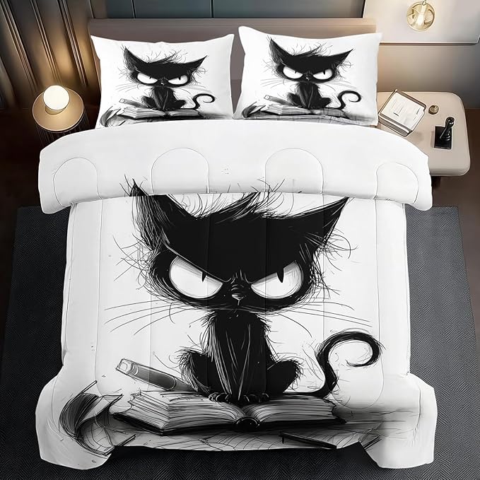 Cute Black Cat Comforter Set Full Size Cute Pet Bedding Set Boys Girls White and Black Comforter Cartoon Cat Quilt Animal Bedroom Decor Kawaii Animal Print Bedding Boys Kids