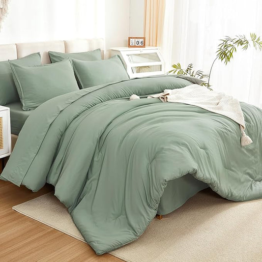 Litanika Comforter Full Size Set Sage Green - 7 Pieces Bed in a Bag Full Bedding Comforter Sets, Plain Lightweight Bed Set with Comforter, Sheets, Pillowcases & Shams
