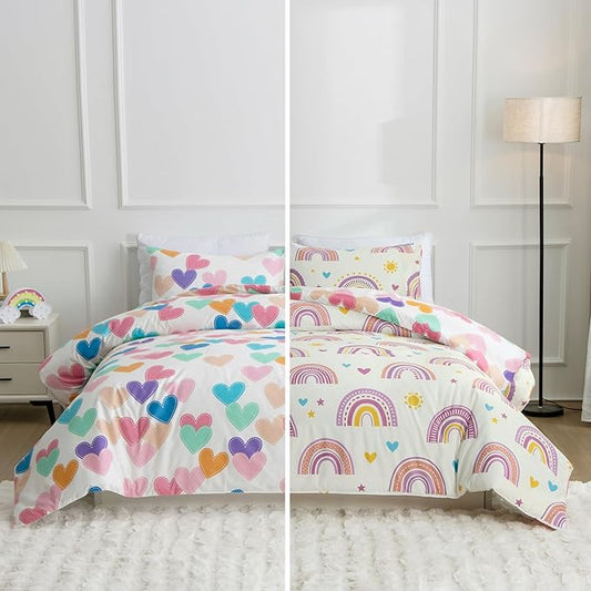 Btargot Lightweight Soft 3 Piece Rainbow Comforter Set with 2 Pillow Covers, Cartoon Love Hearts Suns and Stars Bedding Set for Girls Boys Kids, Twin Purple