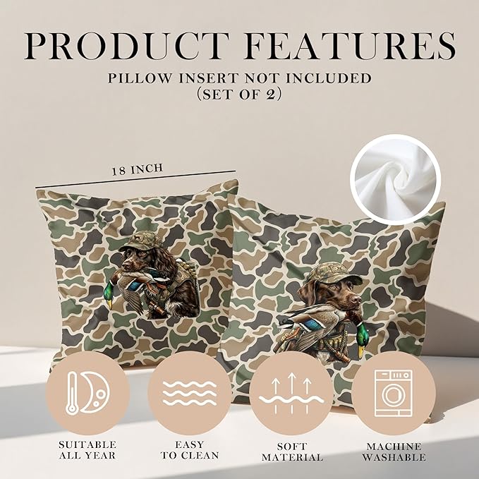 Vintage Camo Labrador Retriever Mallard Duck Throw Pillow Covers 18x18 Set of 2, Dog Hunting Pillowcase, Camouflage Farm Animal Decorative Pillow Covers,Camouflage Wild Animal Decor(86)
