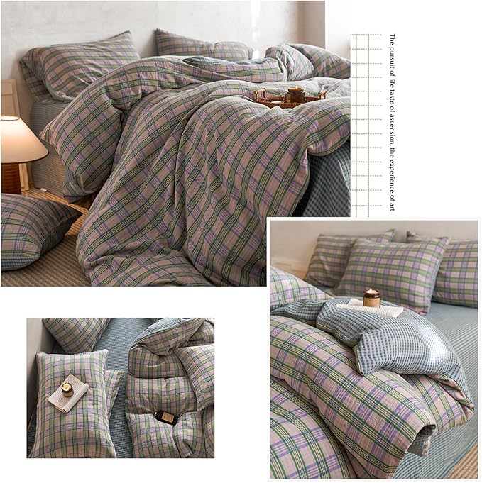 EAVD Vintage Style Pastel Pink Plaid Duvet Cover Set Full Soft 100% Cotton Muslin Retro Green&Purple Grid Plaid Bedding Set with 2 Pillowcases Aesthetic Gingham Duvet Cover with Zipper Closure
