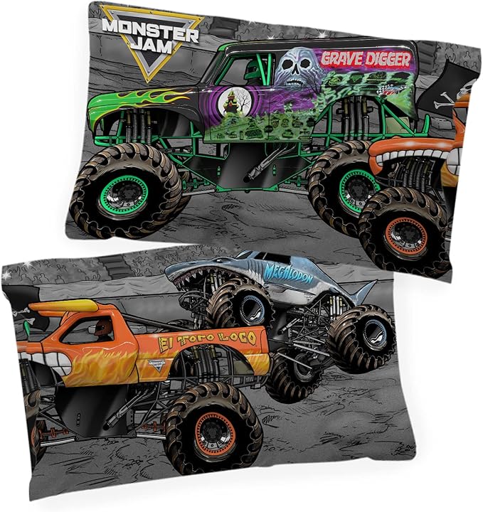 Jay Franco Monster Jam Grave Finish Line 1 Single Reversible Pillowcase Features Grave Digger, Megalodon, & El Toro Loco - Double-Sided Kids Super Soft Bedding