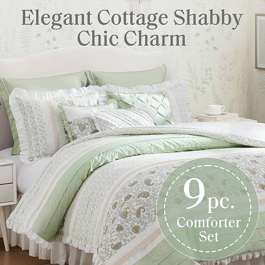 Madison Park Queen Comforter Set Cottage Cotton Comforter for Queen Size Bed, All Season, Lightweight Queen Cotton Bedding Include Shams, Bedskirt & Décor Pillows, Dawn, Queen Sage Green 9 Piece
