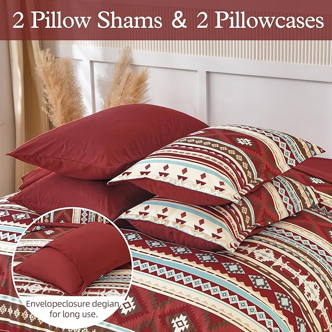 Dinjoy Boho King Size Bed in a Bag 7 Pieces,Red Comforter Set Aztec Striped Fall Bedding Set Bohemian Complete Set with Sheet Fluffy Geometric Burgundy Comforters for Women Men 90"×104"