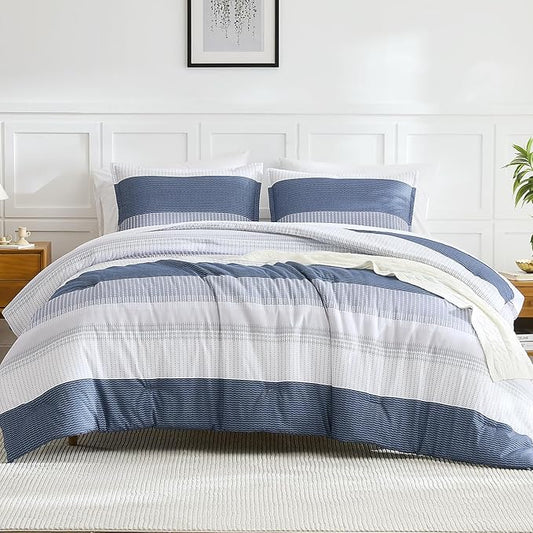 Litanika Mineral Blue Comforter Set Oversized Queen - 3 Pieces Lightweight Mineral Blue White Colorblock Stripe Fluffy Bedding Comforter Sets, All Season Bed Set