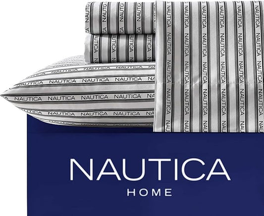 Nautica - Full Sheet Set, Breathable & Cooling Microfiber Bedding with Matching Sham(s), Casual Bedding Set (Striped Nautica Logo Grey, Full)