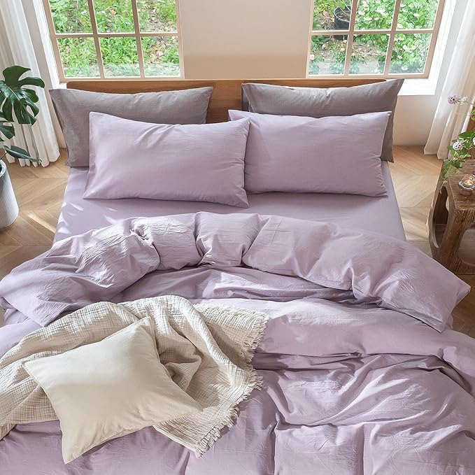 MooMee Bedding Pillowcases Pack of 2 100% Washed Cotton Linen Like Textured Breathable Durable Soft Comfy (Heathered Light Purple, King)