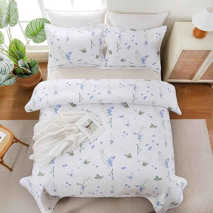 Queen Size Quilt Bedding Set, Lightweight White Floral Bed Quilts Reversible Elegant Bedspread Comforter Coverlets Sets with 2 Pillow Shams (90"×90")