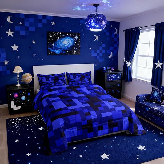 Pixelated Blocks Kid Comforter Set Queen Size,Army Camouflage Miners Game Bedding Set,Boy Room Decor,Geometric Grid Patchwork Quilt Comforter,Black Dark Blue Duvet Set Bedroom Quilt Set,2 Pillowcases