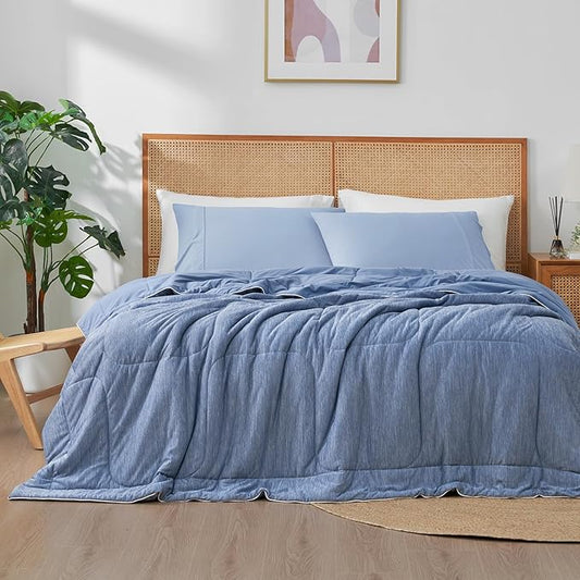 Amélie Home Cooling Comforter Twin Size, Dual-Sided Lightweight Cooling Blanket for Hot Sleepers, Q-Max 0.43 Breathable Cooling Quilt for Night Sweats, 68" x 90", Heather Denim Blue