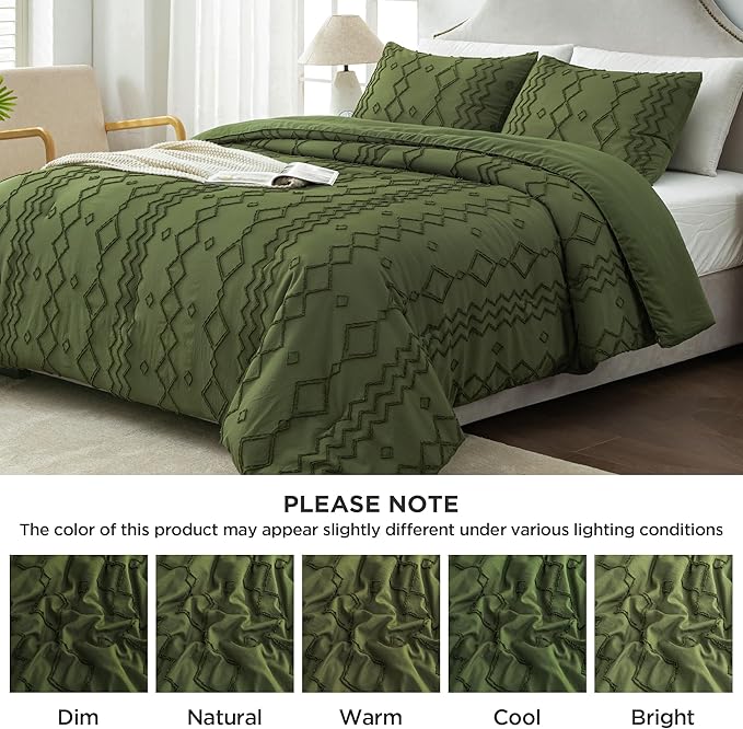 Andency Olive Green Tufted Comforter Set Full(79x90Inch), 3 Pieces(1 Boho Comforter, 2 Pillowcases) Textured Farmhouse, Soft Microfiber Down Alternative Geometric Bedding Set