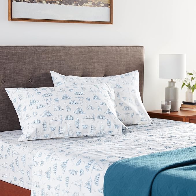 Nautica - Queen Sheets, Cotton Percale Bedding Set, Crisp & Cool, Coastal Home Decor (Whitewood Sail Blue, Queen)