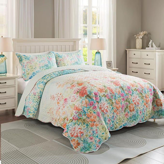 Travan Floral Quilt Queen Quilt Set, Fade Resistant Microfiber Queen Quilt Bedding Set with 1 Quilt Set and 2 Shams Champagne Coverlet Set for All Season, Dream Garden-Champagne, King