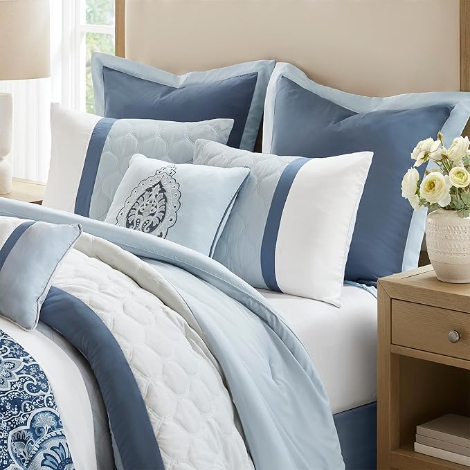 510 DESIGN Luxe Quilted Comforter Set Modern Transitional Design, All Season Down Alternative Warm Bedding Matching Shams, Bedskirt, Decorative Pillow, Cal King, Shawnee Scrollwork Blue