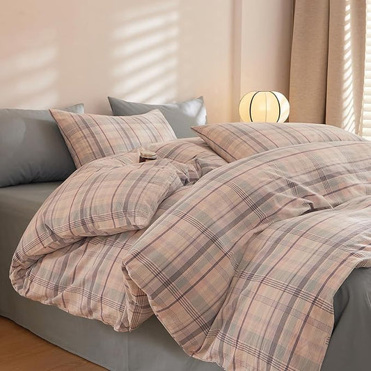 HighBuy Full Comforter Set Pink Blue Gingham Comforter for Women Boys Geometric Plaid Comforter Set Grid Checkered Pattern Comforter with 2 Pillowcases Fluffy Bedding Set Full