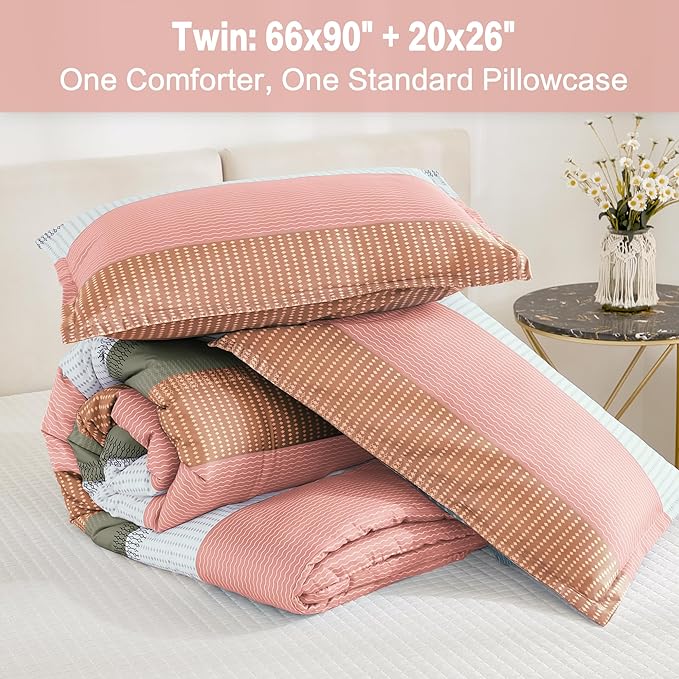 Litanika Vanilla Bed Comforter Twin Set, XL Twin Comforter Striped Bedding Comforter Set, 2 Pieces Lightweight Soft All Season Down Alternative Comforter (1 Comforter, 1 Pillowcase)