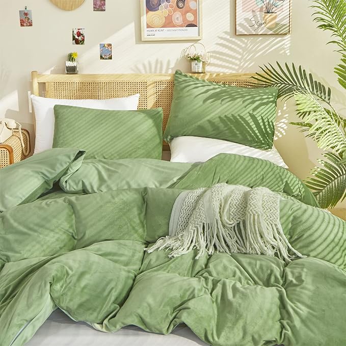 Cottonight Sage Velvet Fluffy Flannel Bedding - Twin Light Green Plush Comforter Set With Blanket & Quilts - Warm & Soft for Women & Men