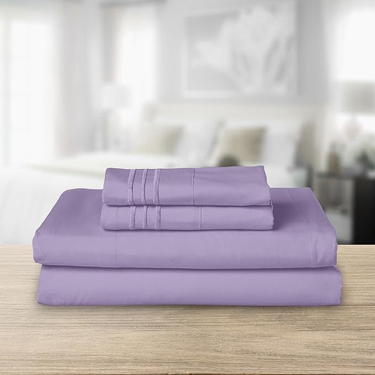 Elegant Comfort Luxurious 1500 Premium Hotel Quality Microfiber Three Line Embroidered Softest 4-Piece Bed Sheet Set, Wrinkle and Fade Resistant, Full, Lavender