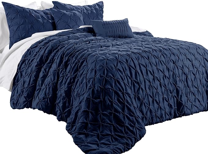 Lush Decor Ravello Pintuck Comforter Set - Luxe 5 Piece Textured Bedding Set - Traditional Glam & Farmhouse Inspired Bedroom Decor - Full/ Queen, Navy