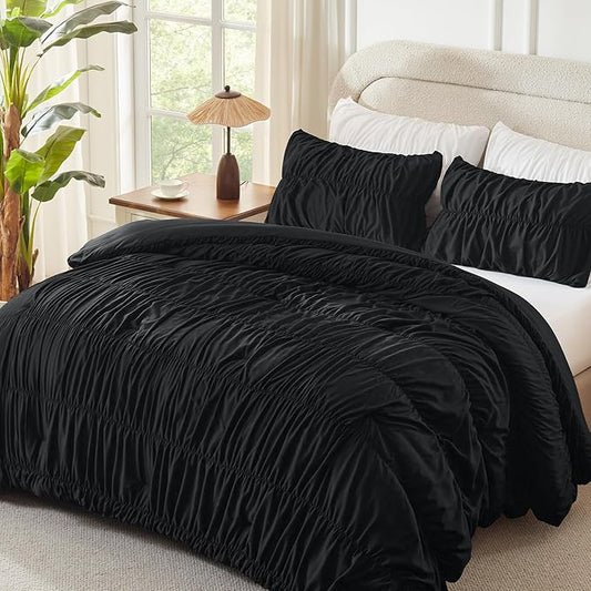 Andency Ruched Black Twin Size Comforter Sets, Shabby Chic Pleated Bedding Sets 2 Pieces, Lightweight Soft Boho Ruffle Bed Set for Girls, Kids, Women, All Season